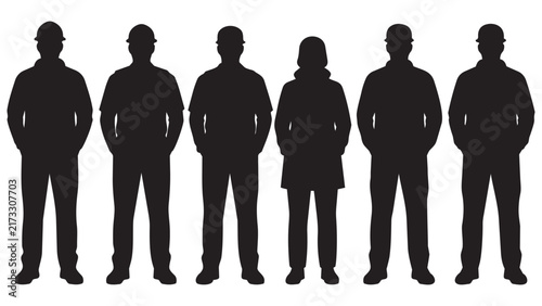 Silhouette Line Art of Five Uniformed Workers Standing Together in Professional Business Attire for Presentations, Team Meetings, Corporate Training or Office Concepts