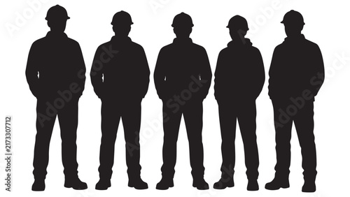 Five Construction Worker Silhouettes Standing Together in Uniform with Hard Hats - Industrial Team Silhouette Vector Illustration