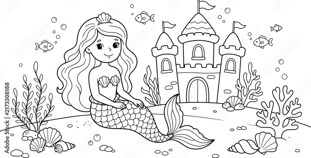 Naklejka premium A delightful coloring page featuring a sweet little girl admiring a beautiful fairytale castle with charming details and whimsical surroundings