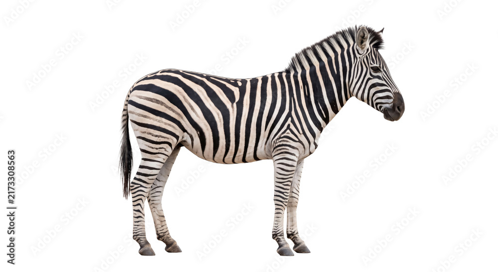 Naklejka premium Side profile of a zebra with distinctive black and white stripes on a plain background