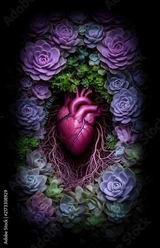 suculentas, corazón anatómico, corazón humano, plantas suculentas, echeveria, naturaleza, flores, rosetas, jardín, botánica, arte conceptual, surrealismo, fantasía, creatividad, simbolismo, amor, emoc