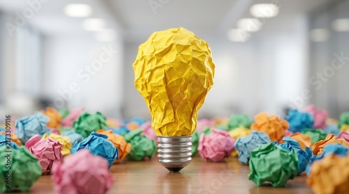 Concept of fail-fast prototyping represented by a yellow paper lightbulb amidst colorful crumpled paper.