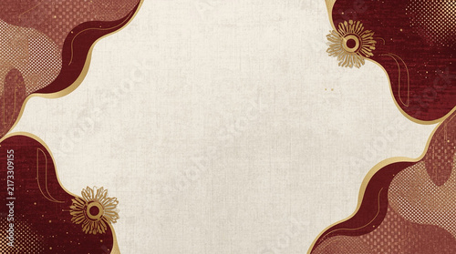 A luxurious abstract Japanese background featuring deep red fabric shapes, thick gold wavy lines, elegant floral emblems, and dotted patterns with ample copy space.