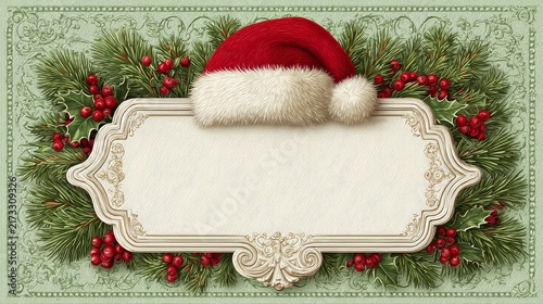 This is a retro-style Christmas decorative border. It features a classic red-trimmed white velvet Santa hat at the top, with pine branches surrounding red berries on both sides. 