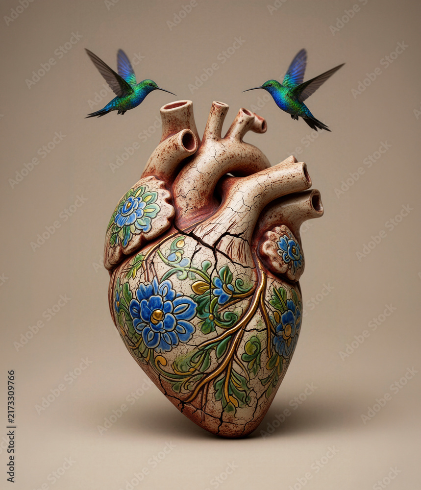 Obraz premium corazón anatómico, corazón humano, corazón de cerámica, cerámica artesanal, arte fantástico, arte conceptual, corazón roto, grietas, flores, flores azules, colibríes, colibrí, aves, naturaleza, amor,