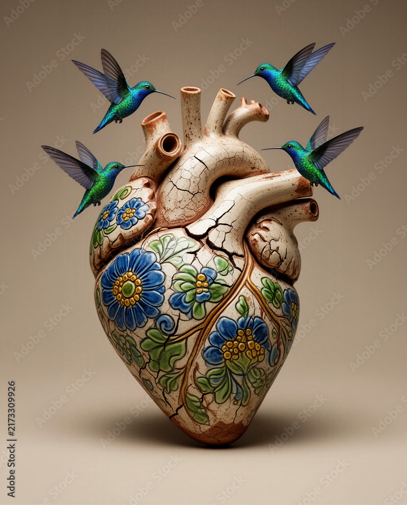 Obraz premium corazón anatómico, corazón humano, corazón de cerámica, cerámica artesanal, arte fantástico, arte conceptual, corazón roto, grietas, flores, flores azules, colibríes, colibrí, aves, naturaleza, amor, 