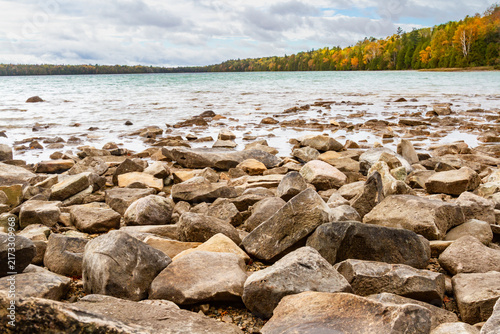 Canvastavla The wild stony shoreline of Lake Cyprus in the fall
