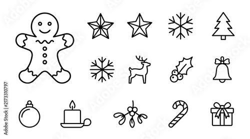 Professional Black and White Line Drawing Set of Holiday and Christmas Icons Including Gingerbread Man Snowflakes Stars Tree Reindeer Gift Boxes Candy Cane and More