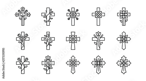 Sleek Minimalist Black and White Cross with Floral and Botanical Design Icons Collection with high quality professional line art symbols for modern creative design and digital branding projects
