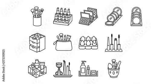 Sleek Minimalist Black and White Line Icons Set of Beauty and Makeup Essentials Organizers and Tools
