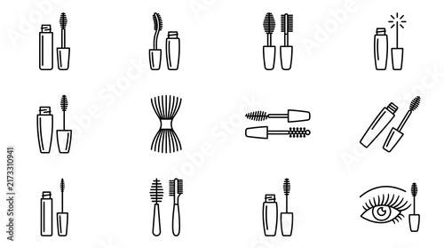 Sleek Minimalist Black and White Line Icons Set of Toothbrushes Eyebrow Brushes Mascara Wands and Beauty Tools