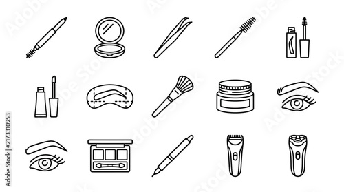 Sleek Minimalist Line Drawing Set of Beauty and Grooming Tools Icons in Black and White Style with high quality professional line art symbols for modern creative design and digital branding projects