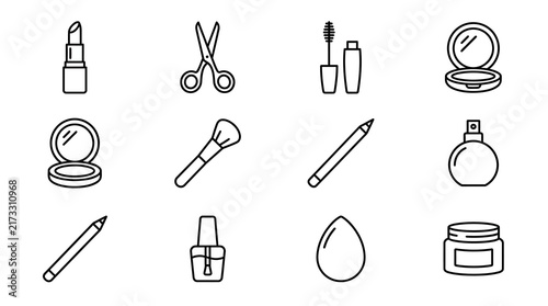 Sleek Minimalist Line Icons Set of Beauty and Grooming Essentials in Monochrome with high quality professional line art symbols for modern creative design and digital branding projects