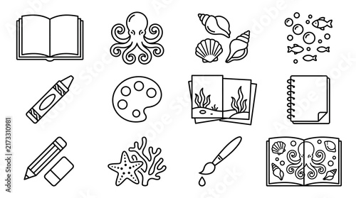 Clean Black and White Line Art Set of Creative and Ocean Themed Icons with high quality professional line art symbols for modern creative design and digital branding projects