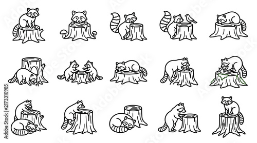 Clean Black and White Line Drawing Set of Raccoons Interacting with Tree Stumps and Logs with high quality professional line art symbols for modern creative design and digital branding projects