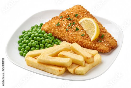 Cuadro en lienzo Crispy Breaded Fish Fillet with Thick Cut Fries and Green Peas on White Plate
