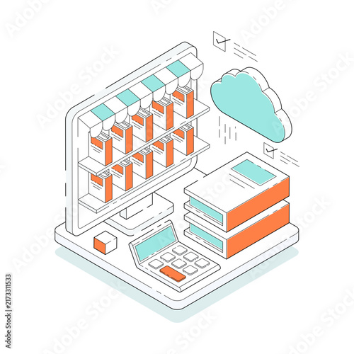 Conceptual isometric design illustration of online library