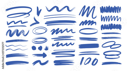 Collection of hand drawn blue marker strokes and abstract doodle highlights for design elements