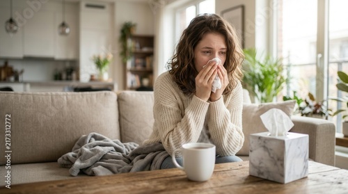 A woman recovering from a cold or flu sits on a sofa with hot tea and tissues.