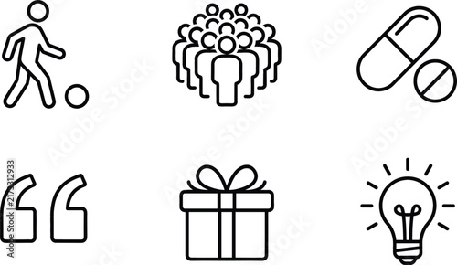 Miscellaneous vector line art icon set featuring soccer player crowd medicine pills quotation marks gift box light bulb