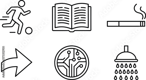 Miscellaneous vector line art icon set featuring soccer player open book burning cigarette forward arrow circuit board and shower
