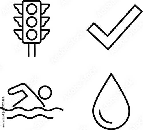 Miscellaneous vector line art icon set featuring traffic light checkmark symbol swimmer in waves and water drop graphics