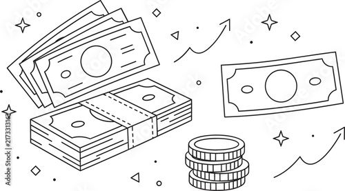 Money and currency vector line art set with cash bank notes stacks of bills coins and growth arrows