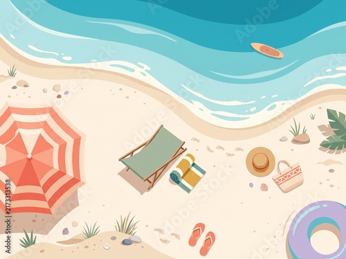 Aerial view of sandy beach with turquoise ocean water and umbrella