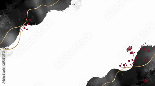 A sophisticated abstract Japanese background featuring black ink washes, delicate red flowers, and wavy gold lines on a white canvas with ample copy space.
