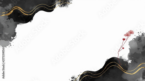 A sophisticated abstract Japanese background featuring black ink washes, a delicate pink flower, and wavy gold lines on a white canvas with ample copy space.