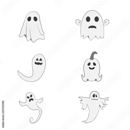 Cute halloween ghost line art illustration set. Hand drawn doodle spook collection for autumn holiday decoration and coloring page.
