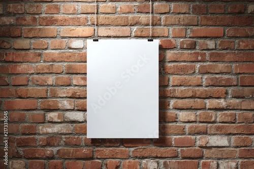Blank white poster on red brick wall ready for design or message. Vertical paper sheet frame billboard mockup for promoting print, ads, or visual content. Luxury industrial loft interior. Template ad