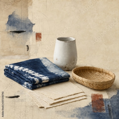 Japanese Craft Still Life with Indigo Shibori Textile, Handmade Washi Paper, Wabi-Sabi Ceramic Vessel and Bamboo Basket. AI generative