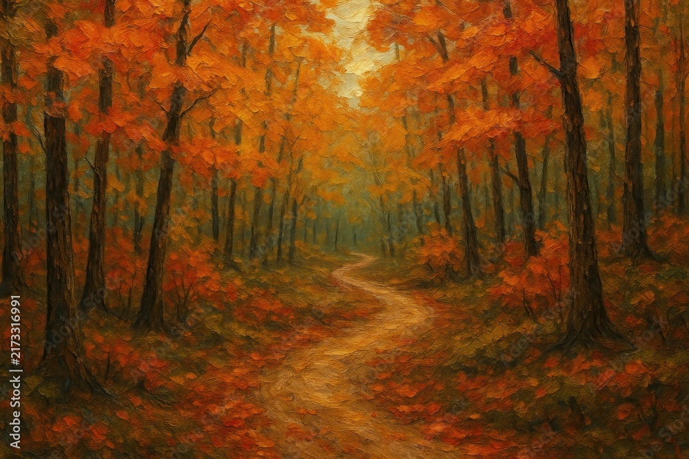 Naklejka premium Autumn forest path painting