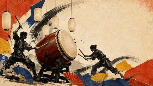 Japanese Festival Collage with Taiko Drummers, Paper Lanterns and Colorful Folding Fans. AI generative