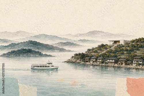 Japanese Coastal Illustration of a Small Passenger Ferry Traveling Between Layered Islands in the Seto Inland Sea. AI generative