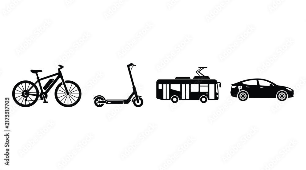 Naklejka premium Transportation Silhouettes Bicycle Scooter Rv And Car On White Background