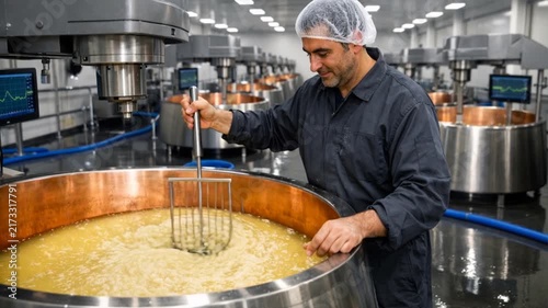 Cheese making process with milk curd stirring inside industrial vat at dairy factory