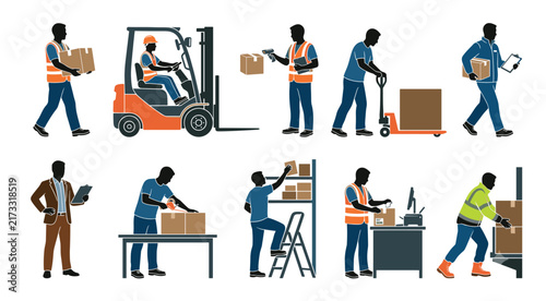Logistics and warehouse workers performing various tasks including packing, scanning, lifting, and moving packages in a busy distribution center environment.