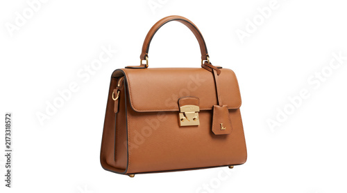 Classic brown leather handbag with gold hardware. Elegant tan satchel bag for professional women. Luxury fashion accessory. isolated PNG with Transparent Background