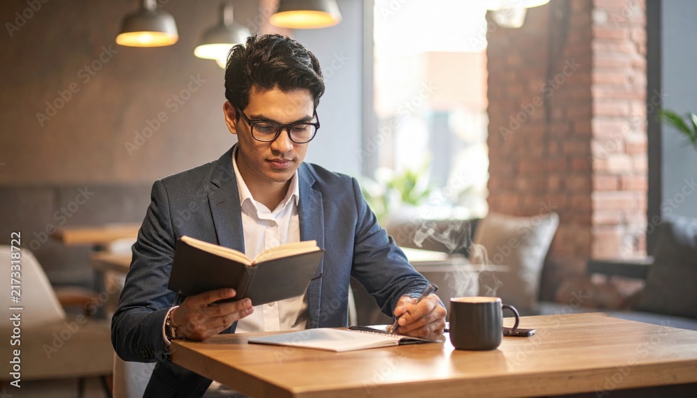 Obraz premium Young professional man wearing glasses reading a book with a coffee mug on a table