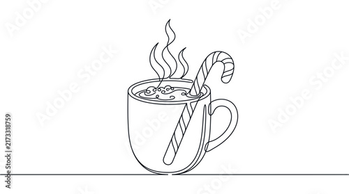 Continuous Line Art of Steaming Mug with Candy Cane for Winter Season