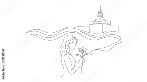 Continuous One Line Drawing of Young Woman Holding Lily Flower with City Landmark Silhouette
