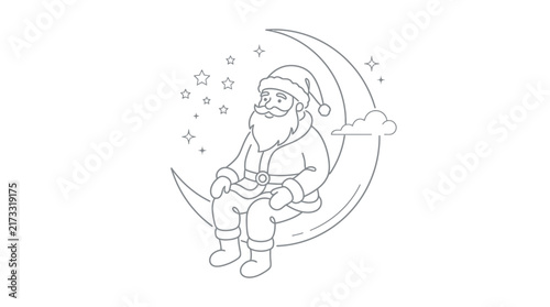 Cute Santa Claus Character Sitting on Crescent Moon Line Art Illustration