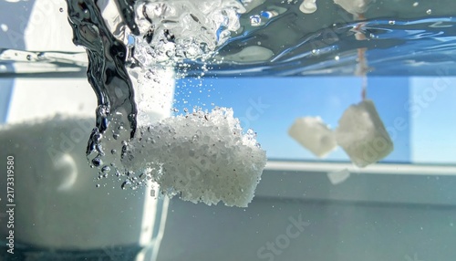 Plakat White granular sugar or salt crystals dissolving in clear water, revealing intricate texture and bubbly dynamic action