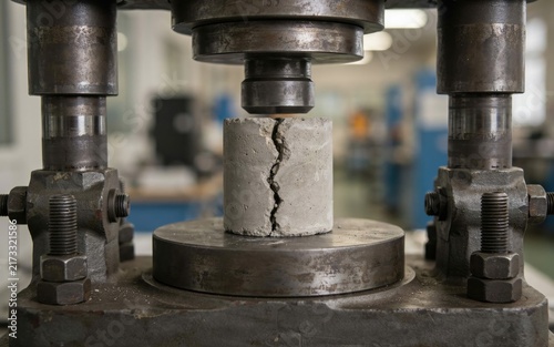 Concrete cylinder under compression test in industrial hydraulic press