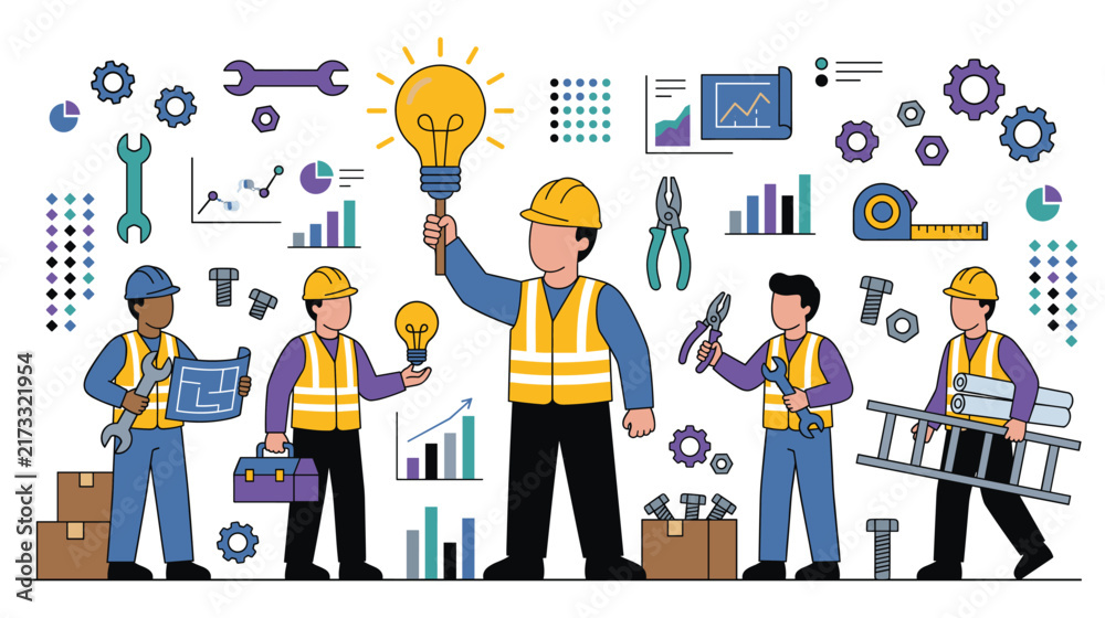 Fototapeta premium Professional team planning industrial project ideas with blueprints and engineering tools.