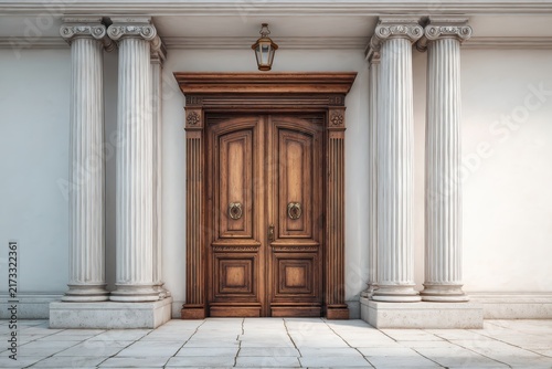 Elegant entrance to a luxury stone palace or mansion featuring grand double wooden doors, marble stairs, and ancient columns. Classical architecture or historic estate facade concept. Copy space