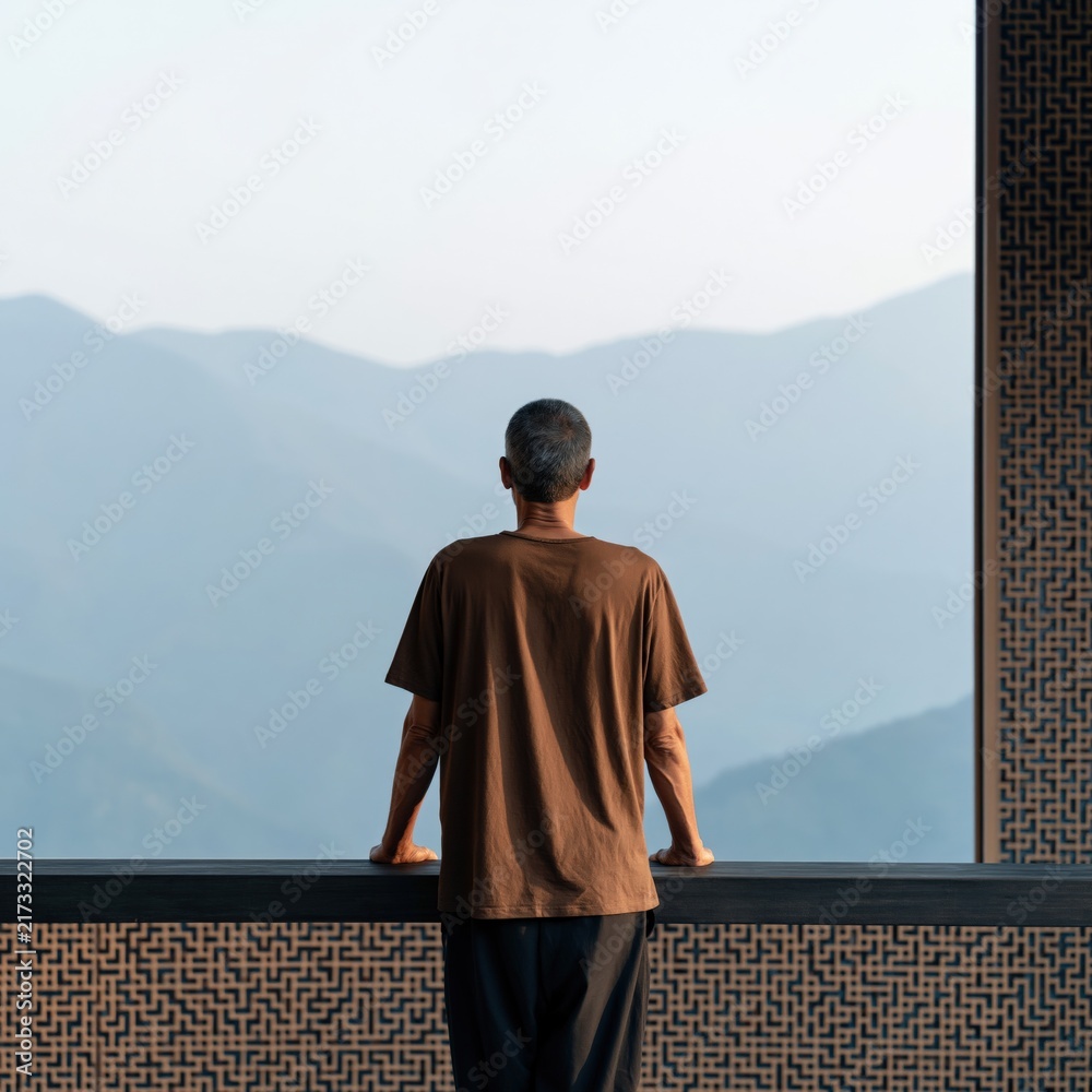 Obraz premium Elderly man at patterned railing overlooking layered mountain landscape for mindfulness background and travel wallpaper