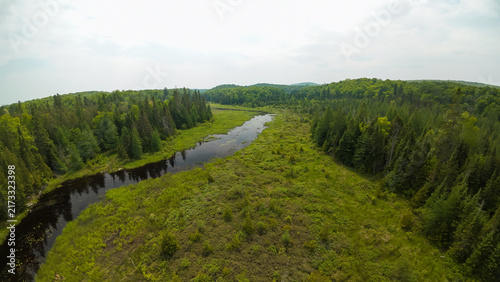 Canvastavla A high angle aerial drone shot tracks McCue Creek as it cuts a narrow winding channel deep through massive green forest valleys and wild marshy fields under clouds